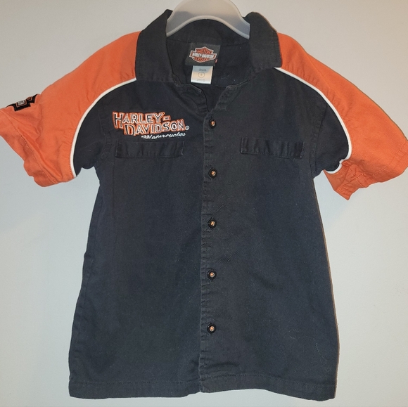 🏍 Harley Davidson Motorcycle Black Orange Button Down Cotton Shirt Kids Size 6 - Picture 1 of 6